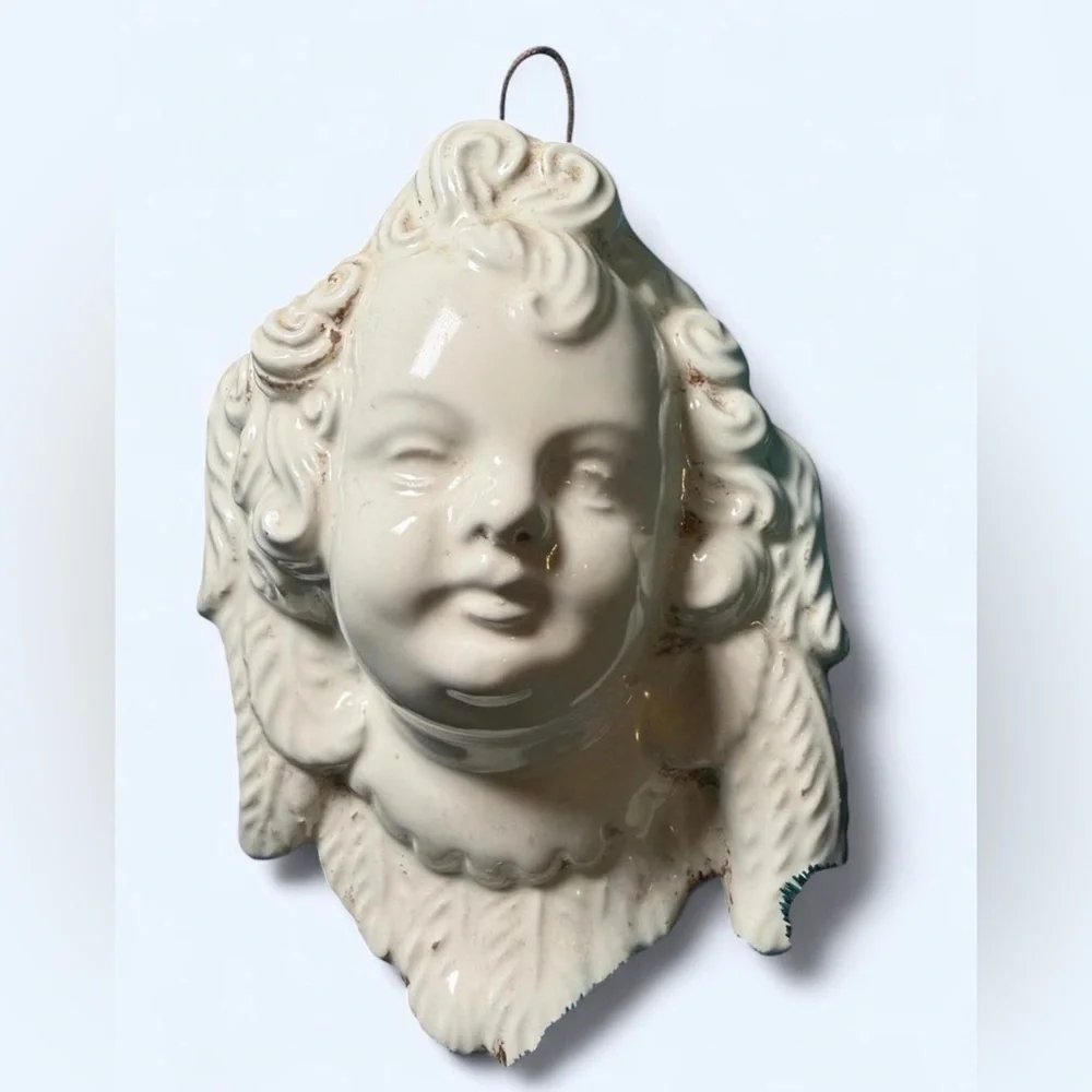 Vintage Glazed Ceramic Cherub Bust — Wall Hanging